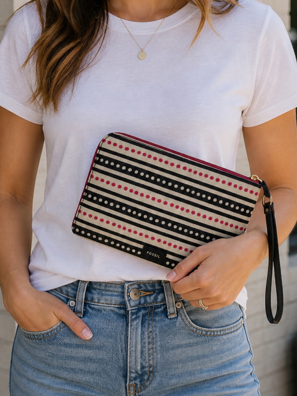 Fossil Clutch Coated Canvas Black Pink Cream Striped Leather Pulls Pouch Bag